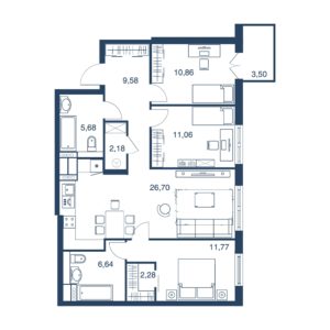 3-комнатная 90.25 м²